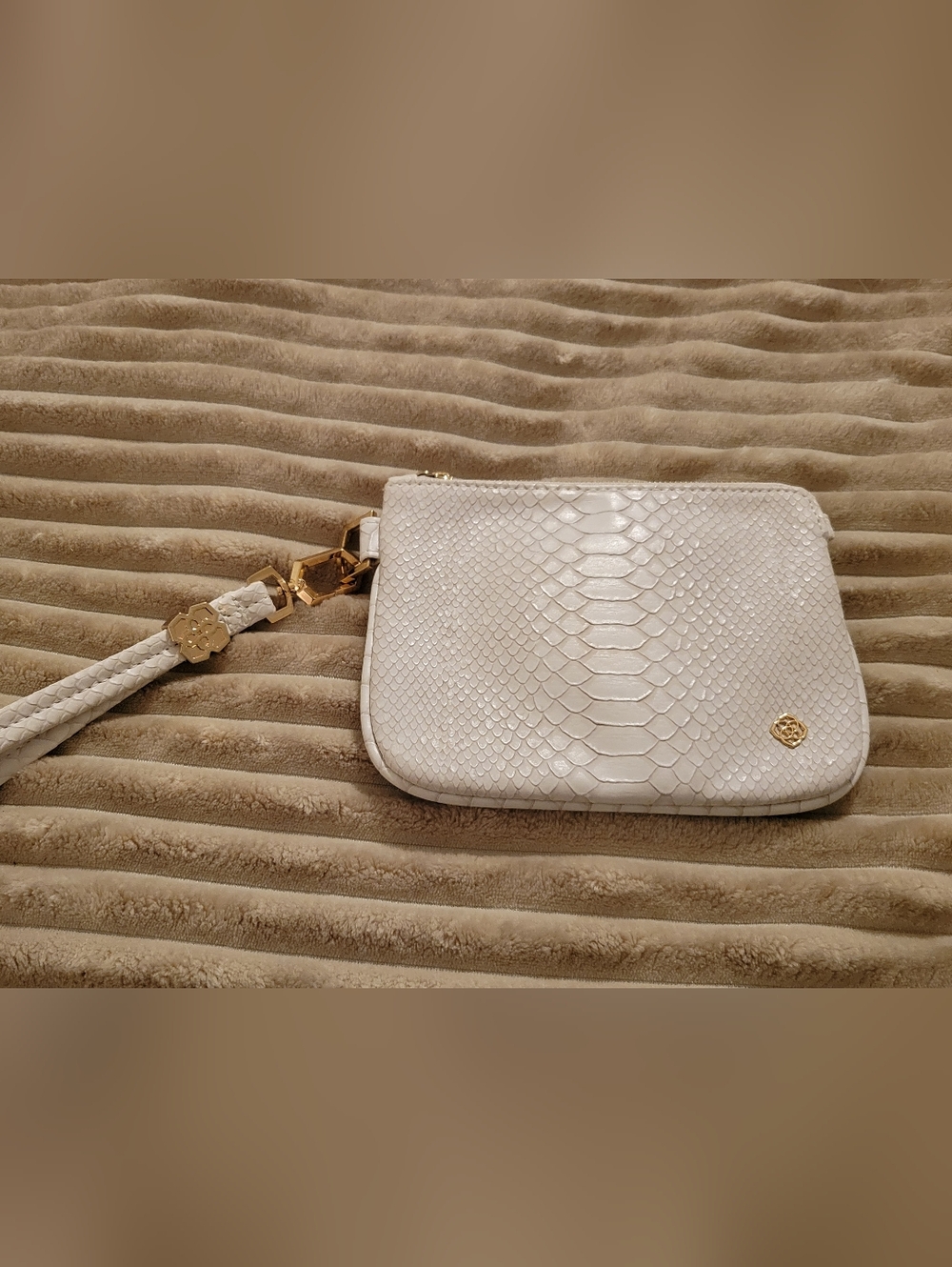 White Snake-Embossed Leather Wristlet with Gold Hardware